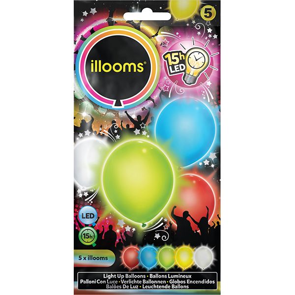 5 Ballons LED ass. vert, bleu, blanche, rouge, jaune 15 heures LED lumière
