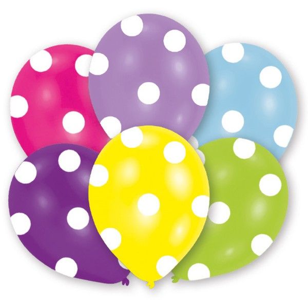 6 ballons assortis points 27.5cm pink, violet, jaune, vert, bleu, lilas, pour les anniversaires