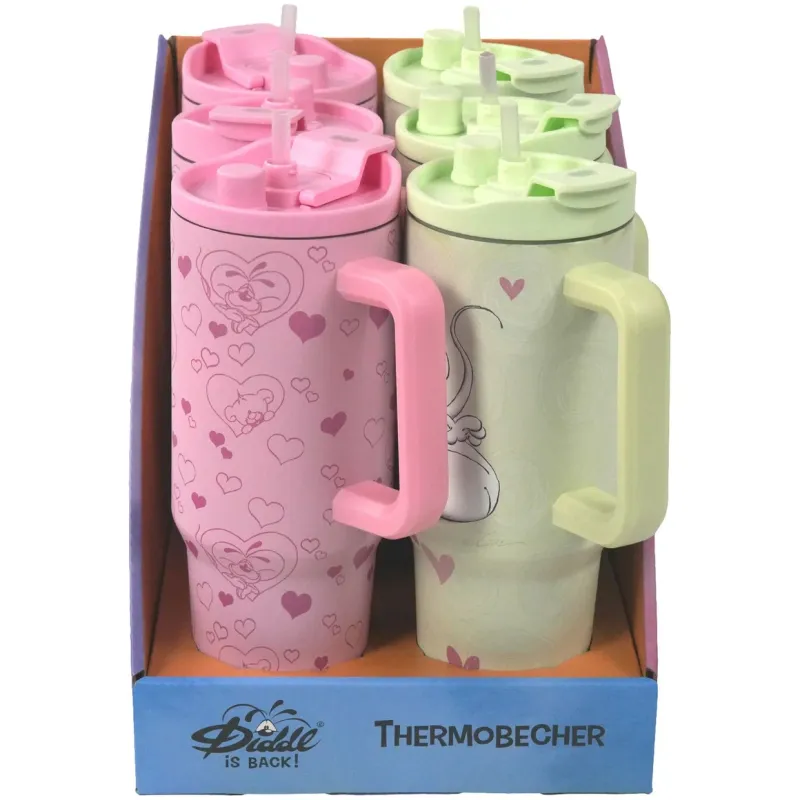 Diddl Tasse,  Mug isotherme avec paille 1100 ml, 2 modèles à choix, rose ou vert