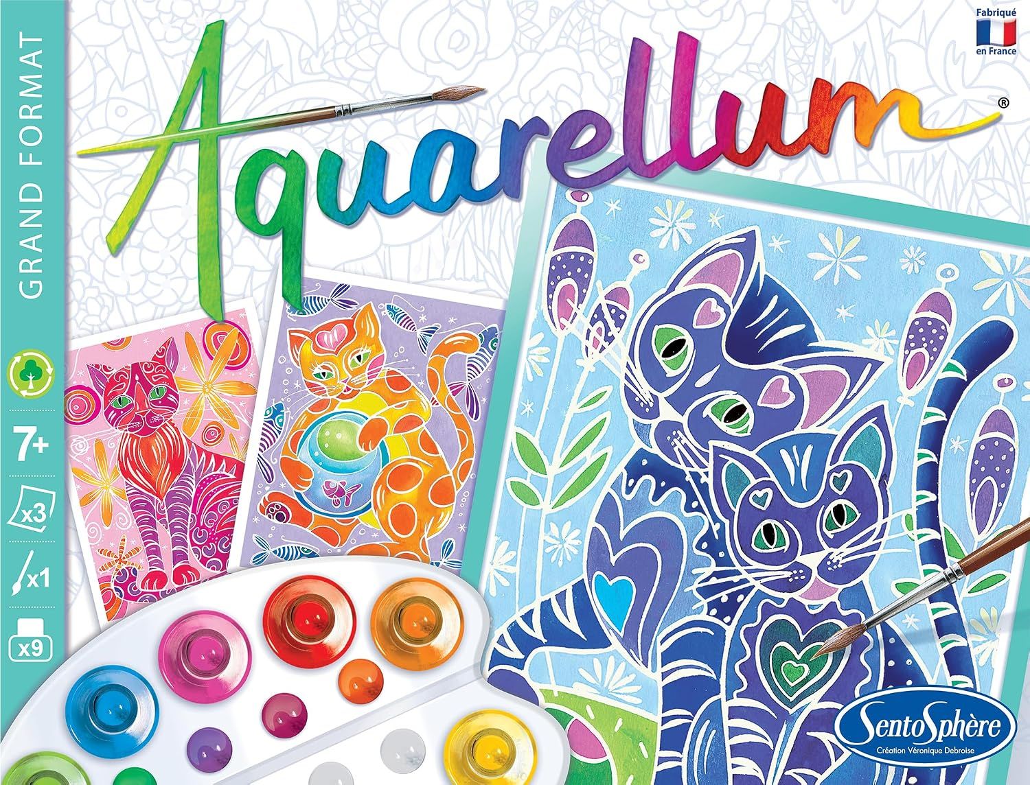 SentoSphère- Aquarellum grand format - CHATS - Kit peinture aquarellable - Activité créative avec 3 tableaux 32,5 x 25 cm – 9 peintures incluses - 7 à 99 ans - Fabriqué en France