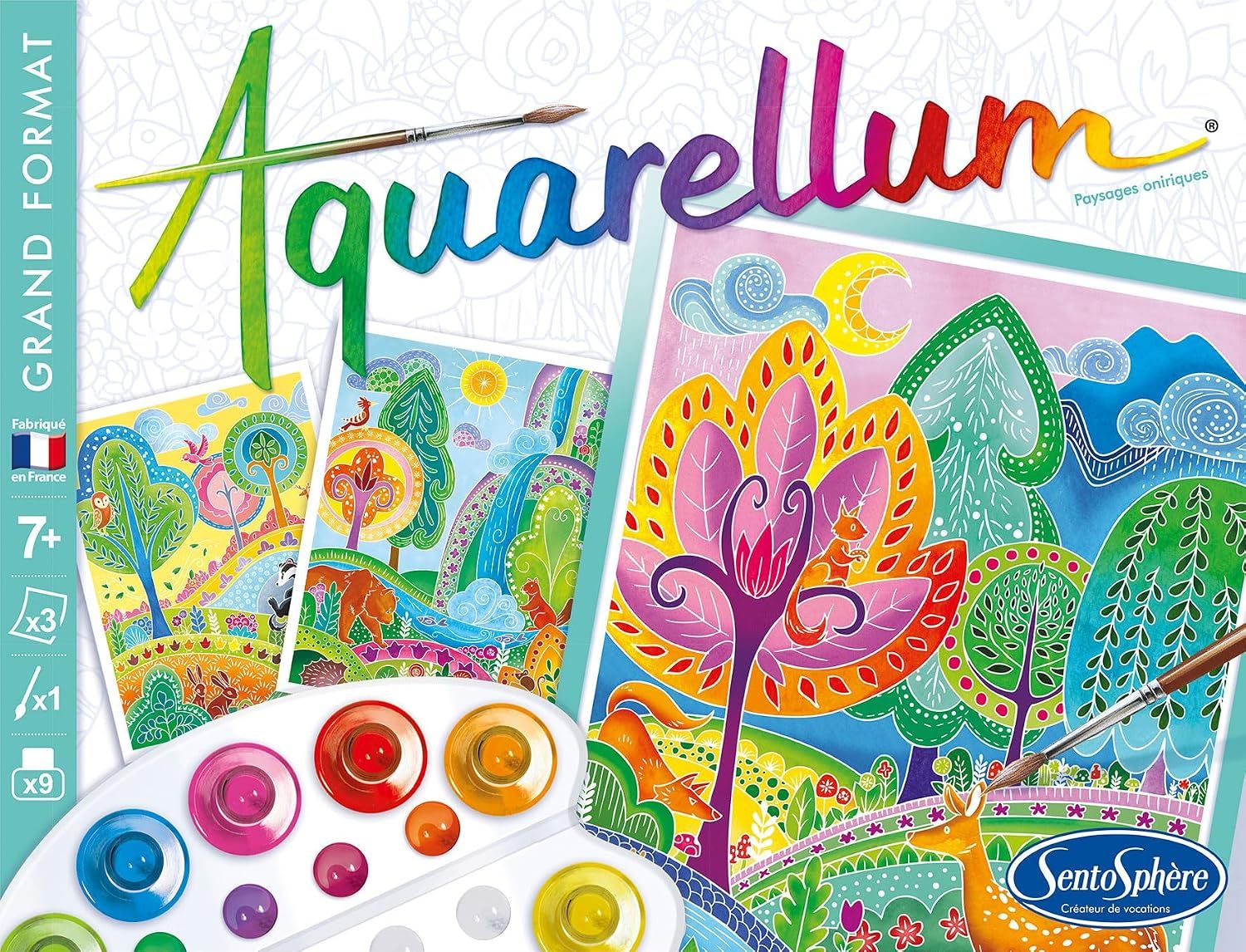 SentoSphère - Aquarellum - Paysages Oniriques - Dès 7 ans Kit peinture aquarelle - Activité créative avec 3 tableaux 32,5 x 25 cm – 9 peintures incluses - Fabriqué en France -