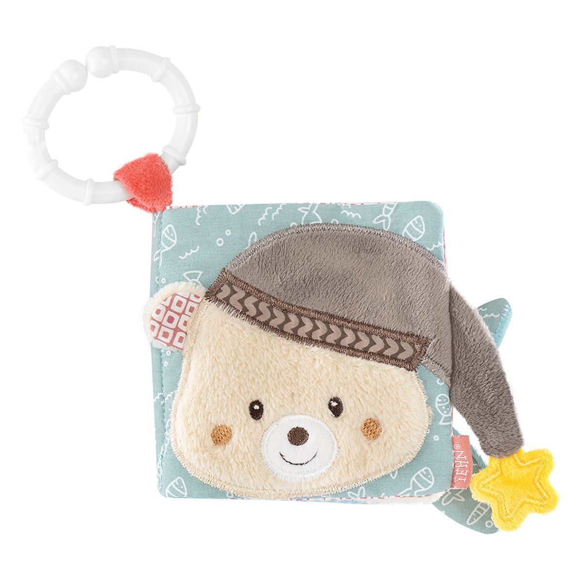 Petit livre en tissu tout doux ours teddy, avec anneau pour accrocher,  dès la naissance