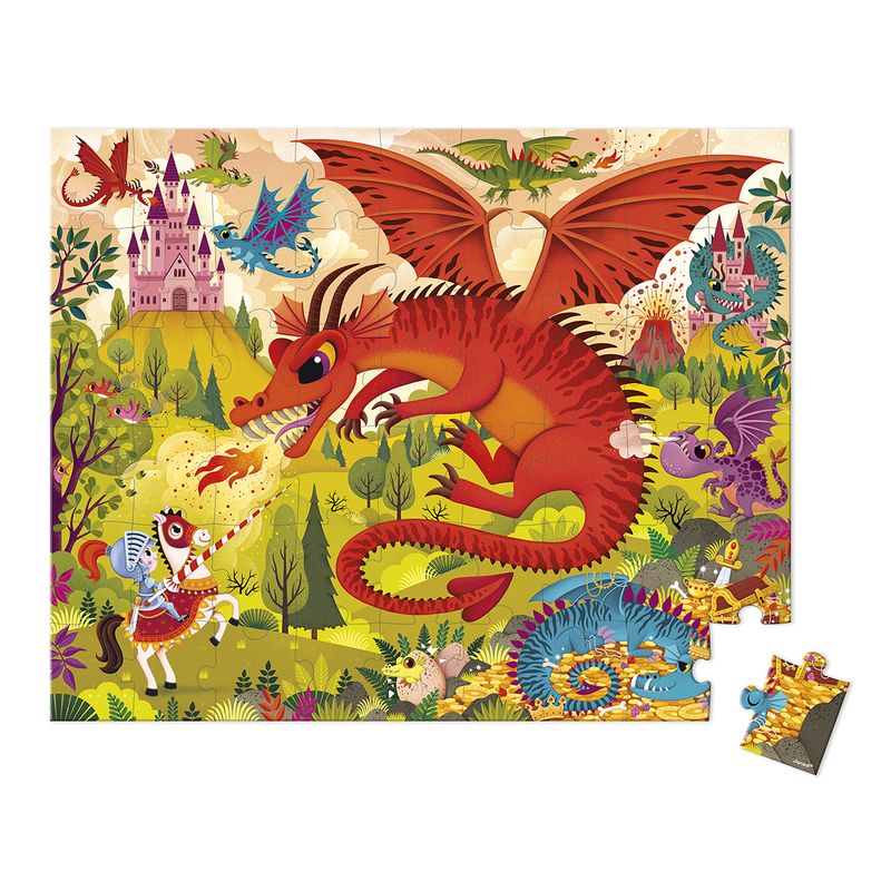 Janod - Puzzle éducatif Royaume des Dragons – 54 pièces + Poster – Fabriqué en France – Carton FSC – Dès 5 Ans