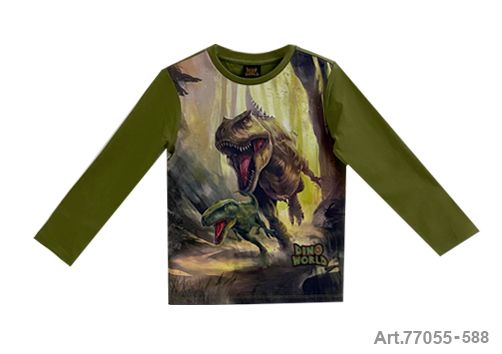 Pull en coton vert kaki avec course-poursuite de dinosaures