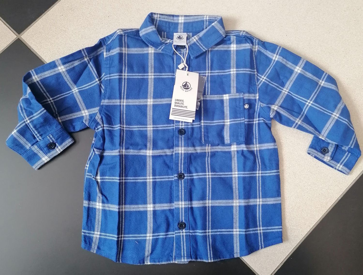 Petit Bateau Chemise en flanelle coton à carreaux bleu riviera
