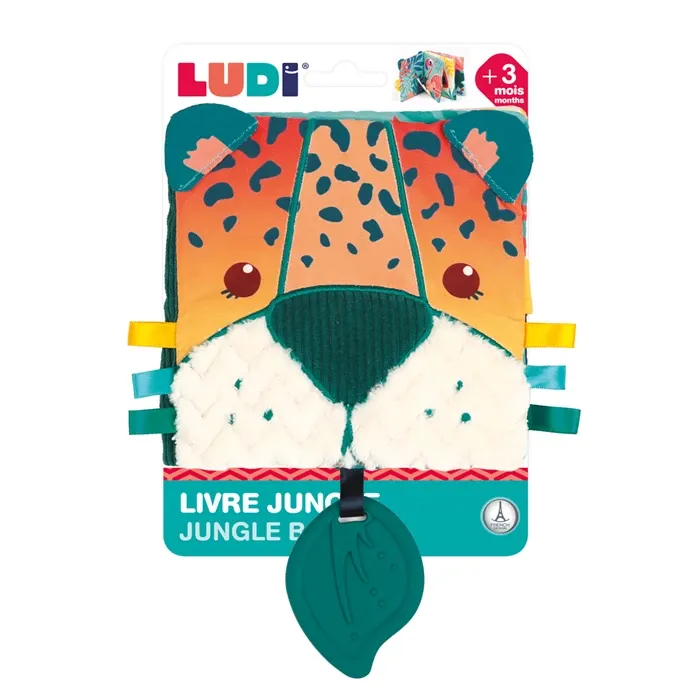 Ludi Livre en tissu, la jungle, avec anneau de dentition et d'accrochage, dès 3 mois