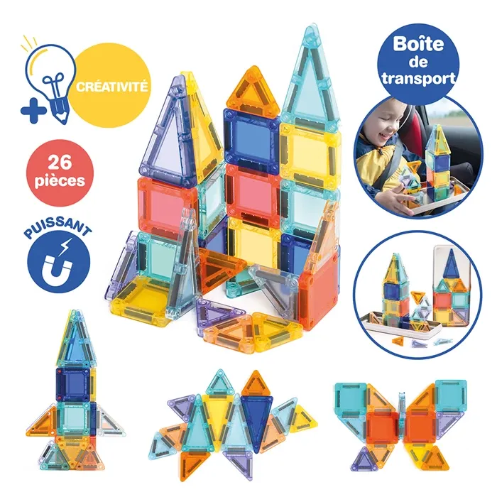 MAGNETIC MINI - 26 TUILES MULTICOLORES,jeu de construction magnétique ludique et éducatif, dès 3 ans