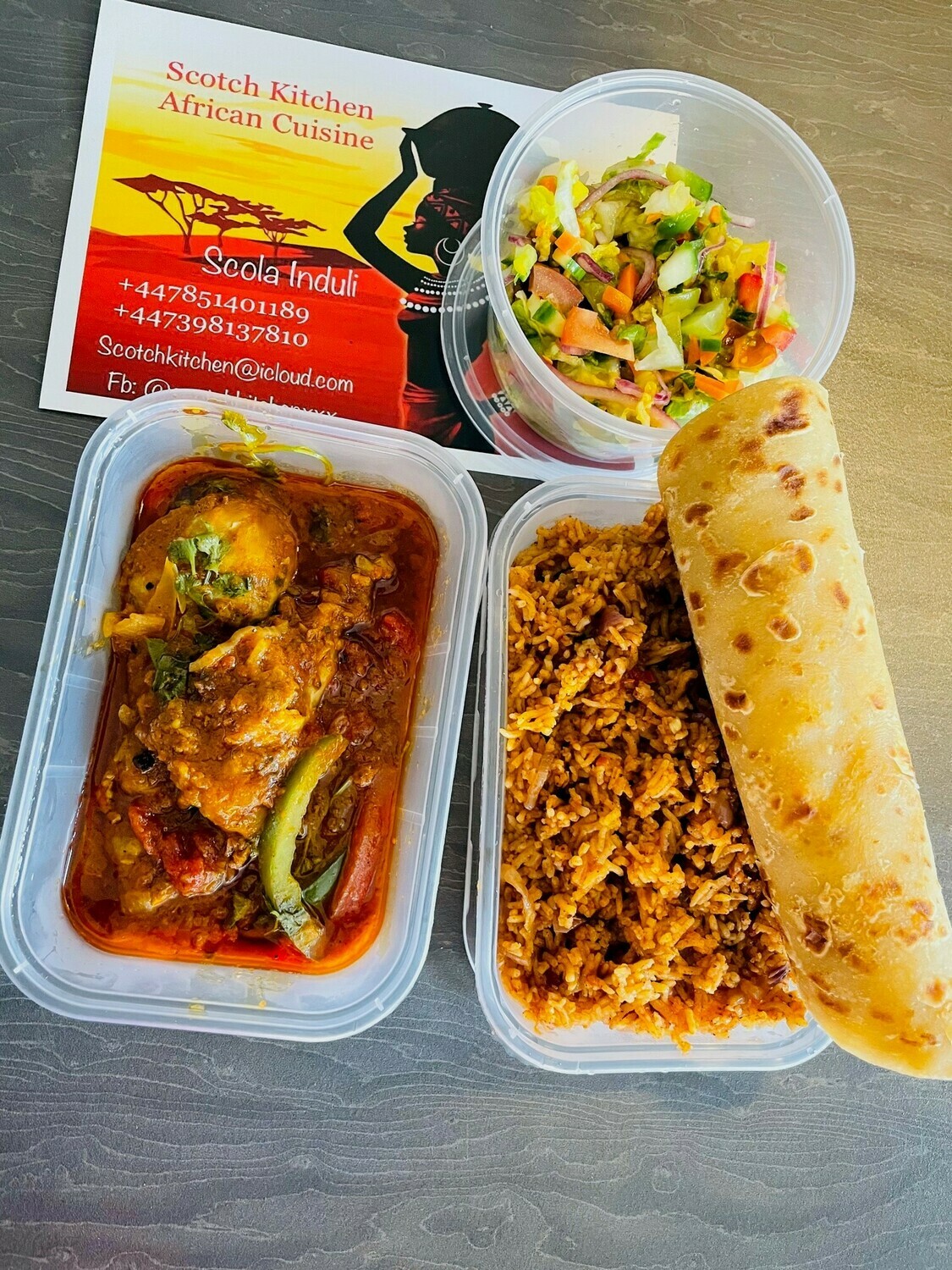African Style Chicken Stew, Pilau/Jollof Rice ,Tropical Salad with Chapati, 540kcal