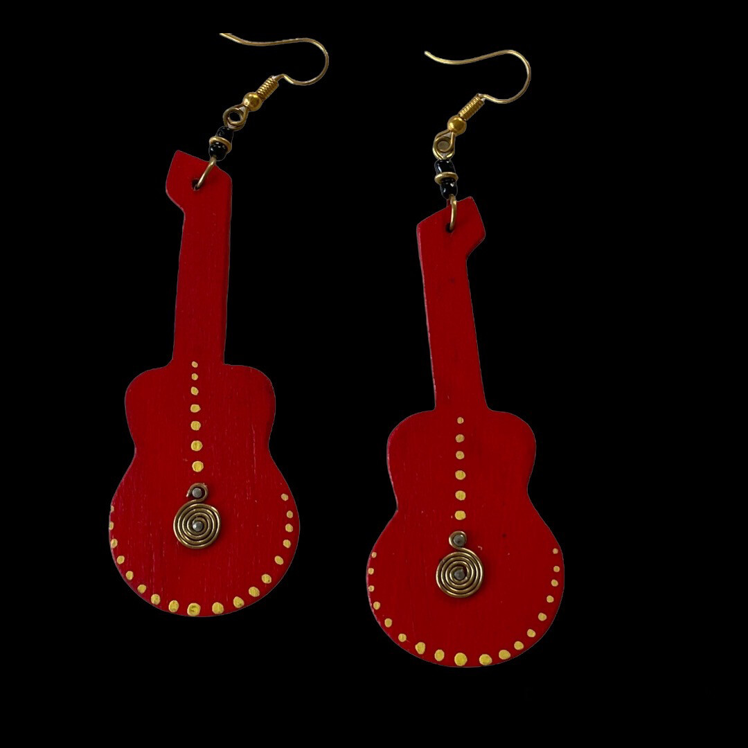 ​African Wooden Guitar shape Earrings with Beads