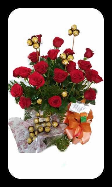 ramos de flores rojas y chocolates
