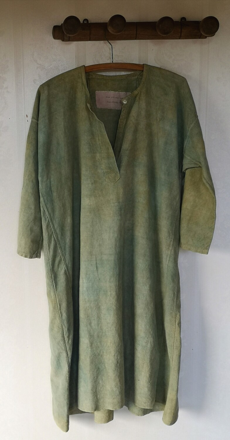 Moss and indigo dyed vintage French linen dress
