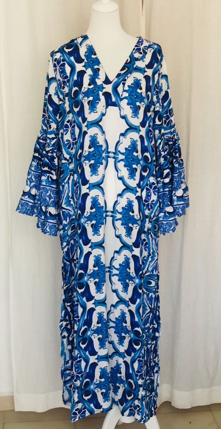 Kaftan - Kleid lang Blau Weiss Rüschenärmel