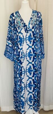 Kaftan - Kleid lang Blau Weiss Stickerei