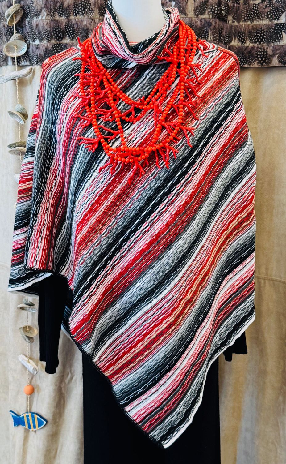 Stylish Poncho in grey, red and black