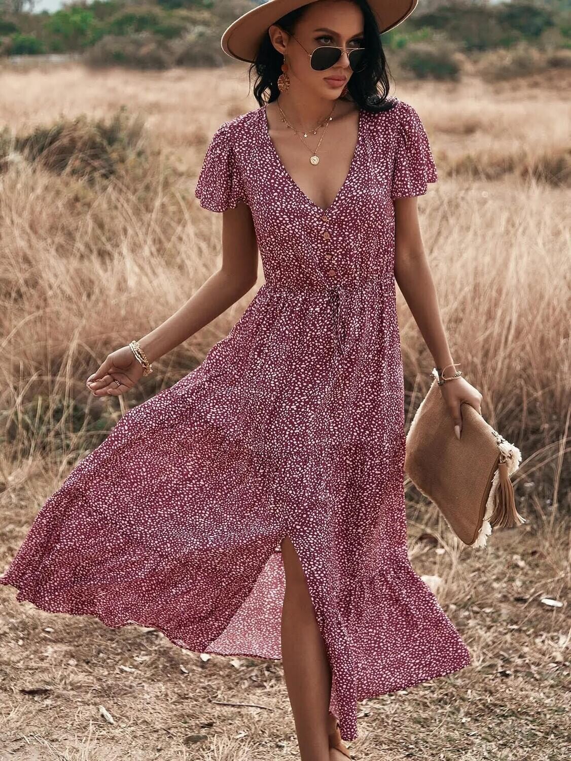 Wine Country Vee Neck Dress