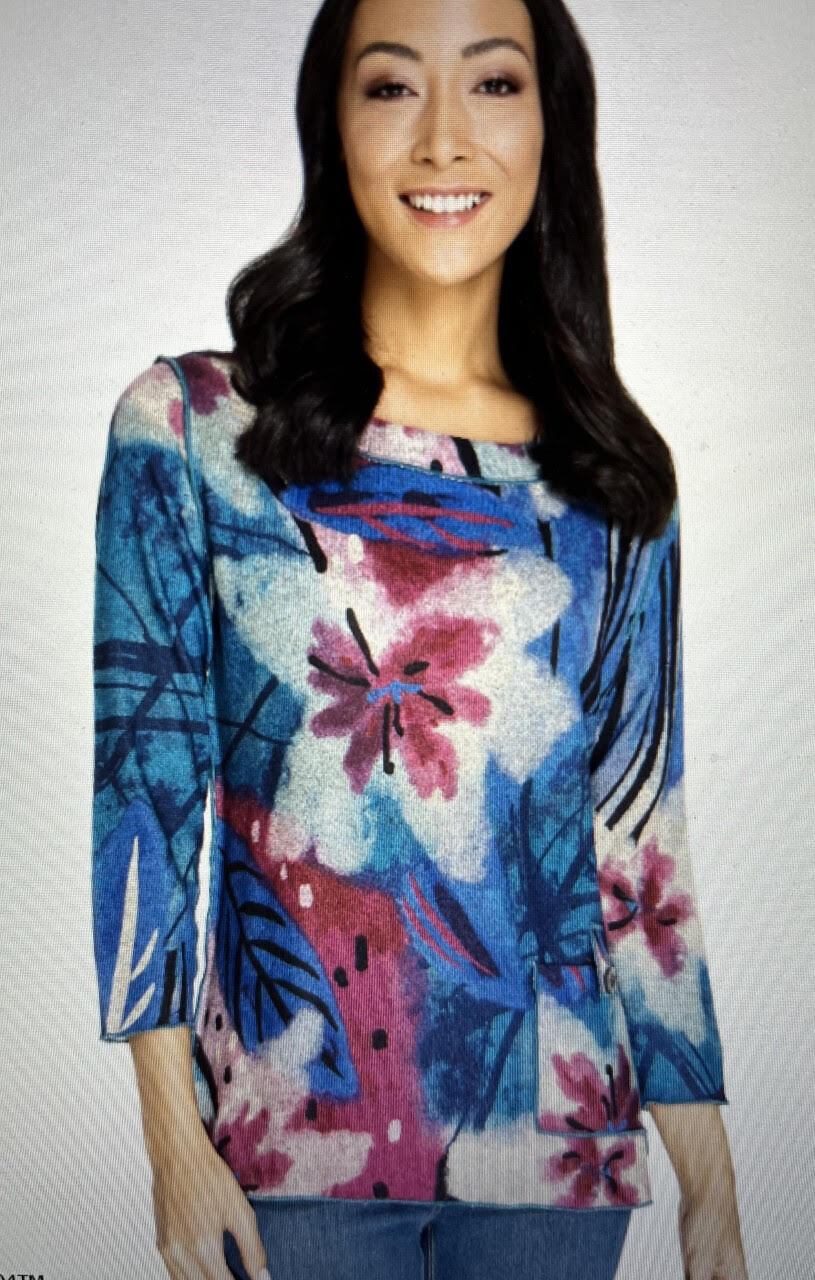 Scoop Neck 3/4 Sleeve Floral Lightweight Sweater