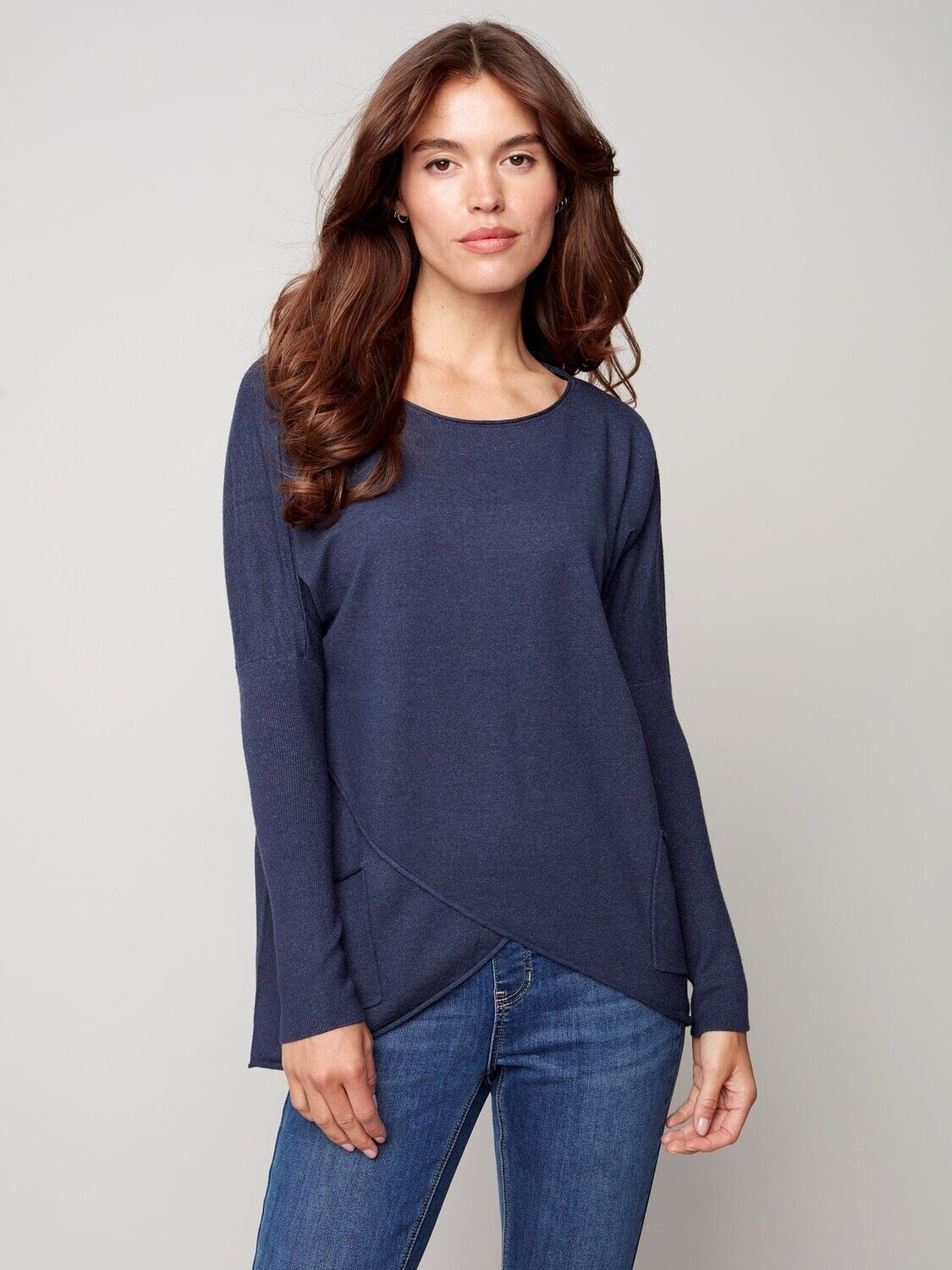 Dark Denim Sweater with Crossover detail in the front, plus pockets