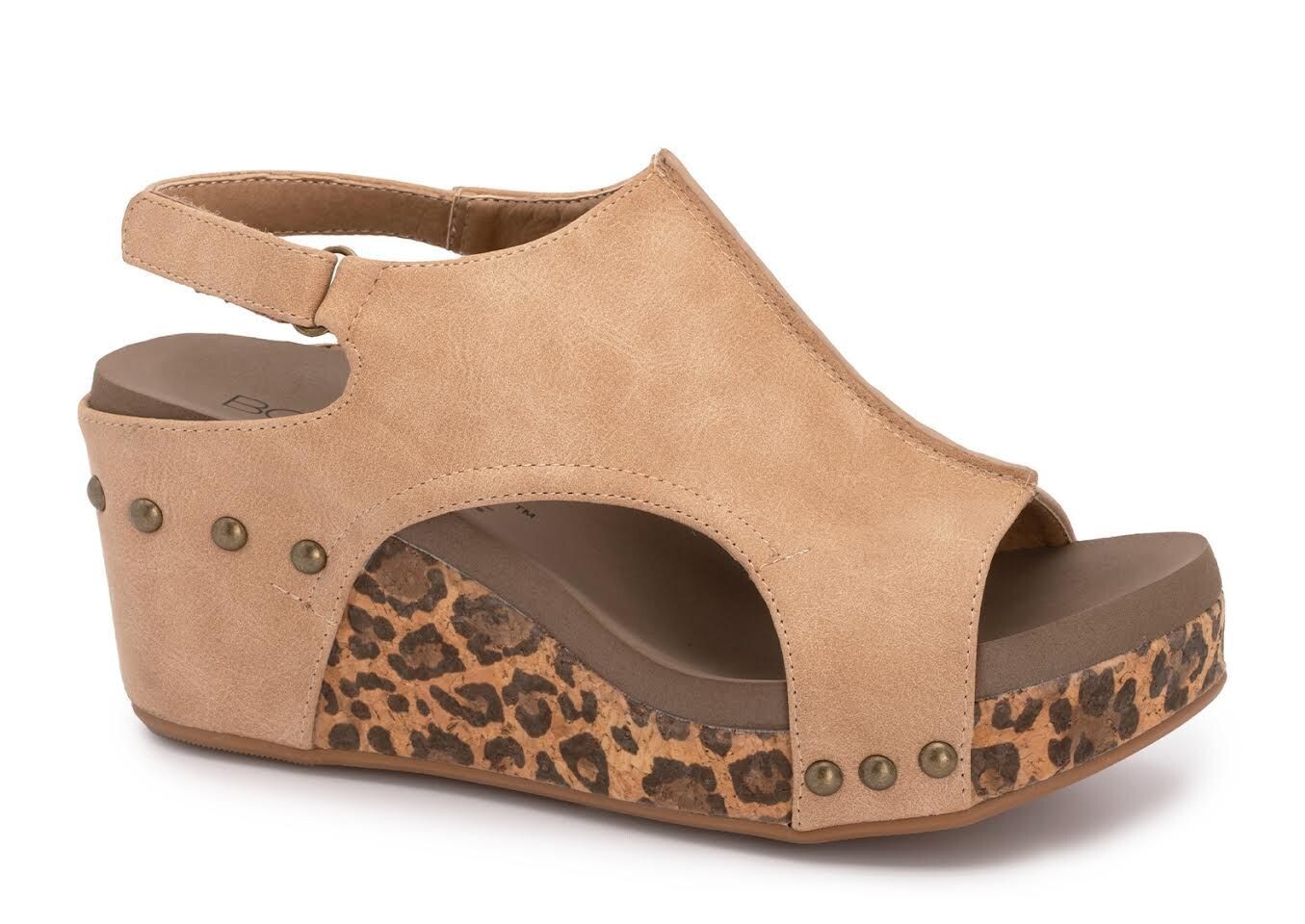 Carley, wedge, taupe smooth leopard, Corkys