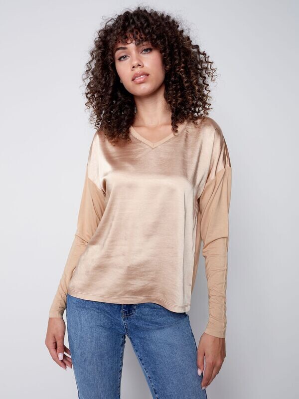 Satin Front Top with Jersey Back & Sleeve by Charlie B | Truffle |