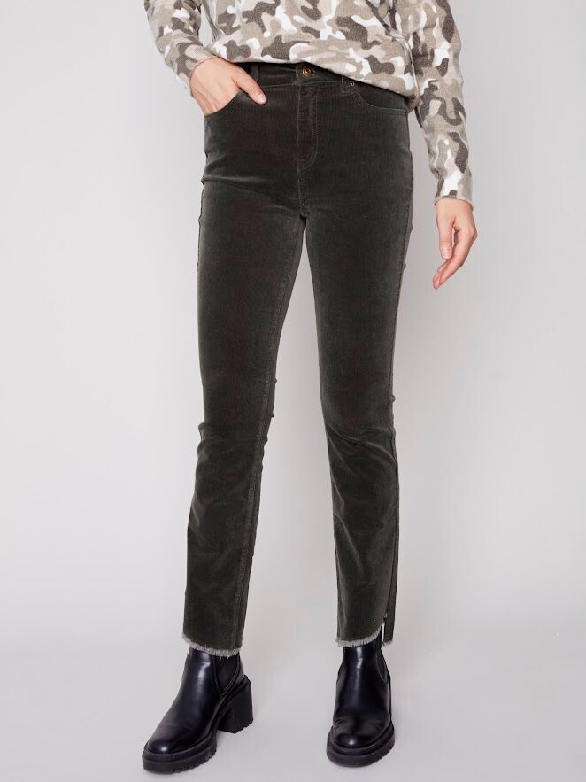 Corduroy asymmetrical hem bootcut pant, Spruce. Charlie B