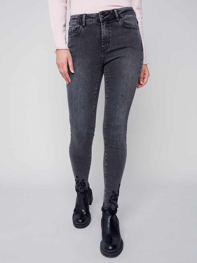 Embroidered and scalloped hem lace slim pant, Charcoal. Charlie B