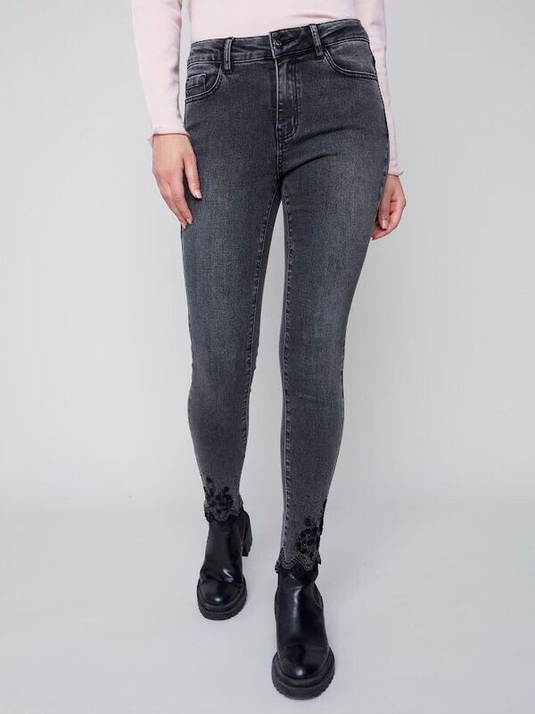 Embroidered and scalloped hem lace slim pant, Charcoal. Charlie B