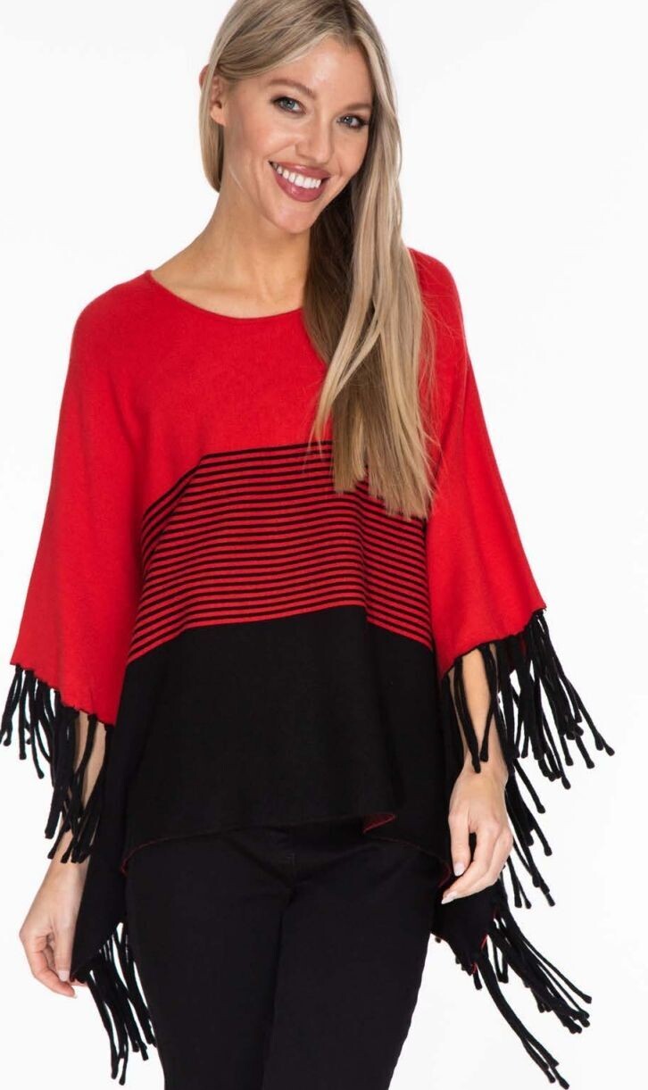 Red fringed poncho sweater. Multiples