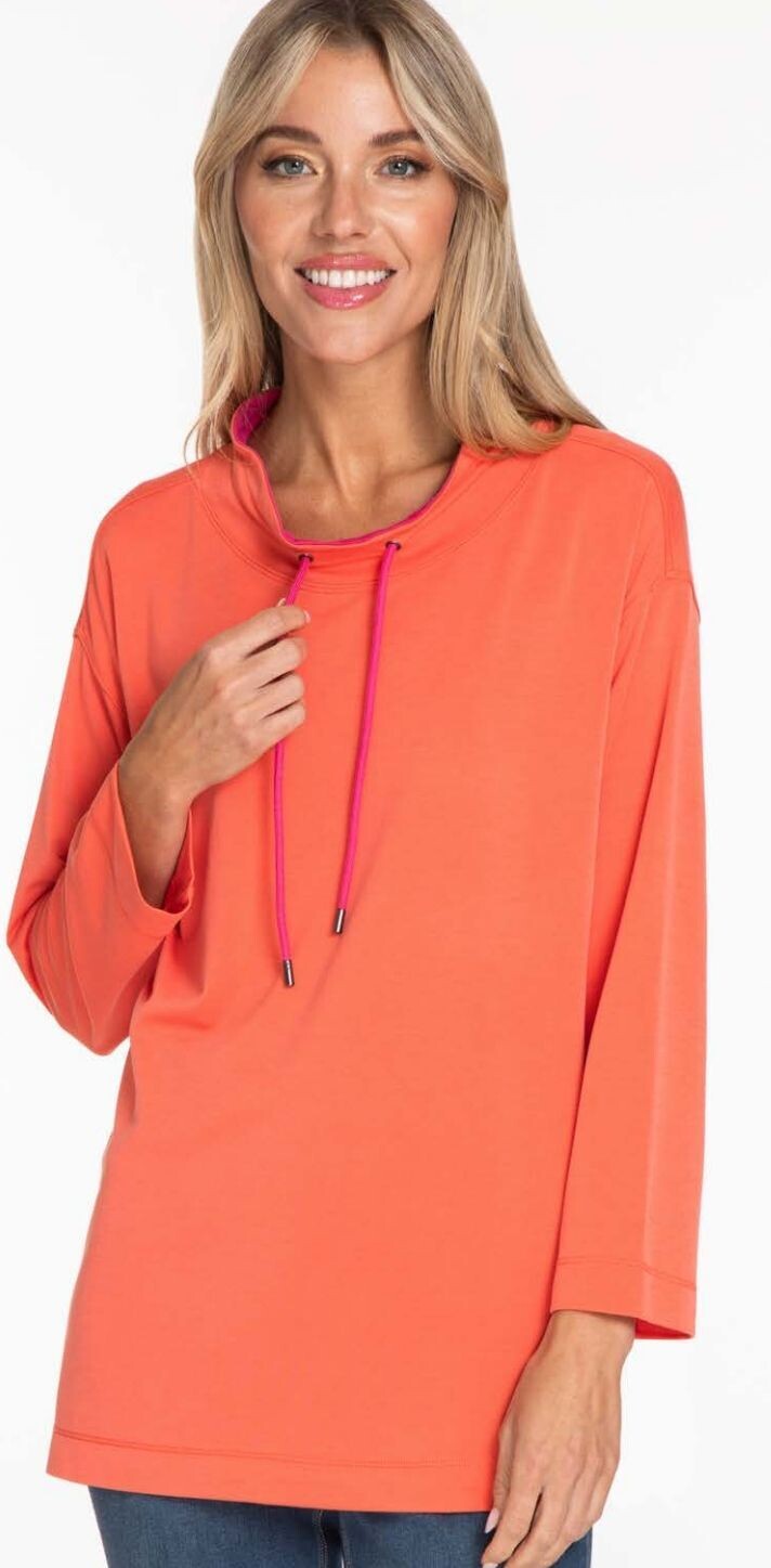 Coral/pink mock neck w/drawstring, ¾ drop slv