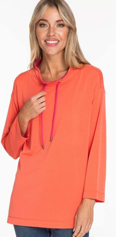 Coral/pink mock neck w/drawstring, ¾ drop slv
