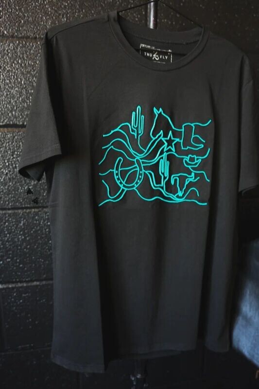 Black SS tee with western flair in turquoise embroidery 