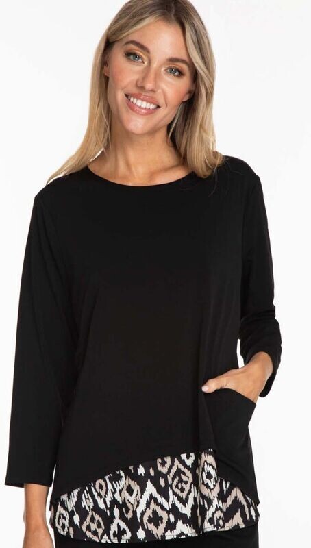 Layered top w/split back. Front pocket                    