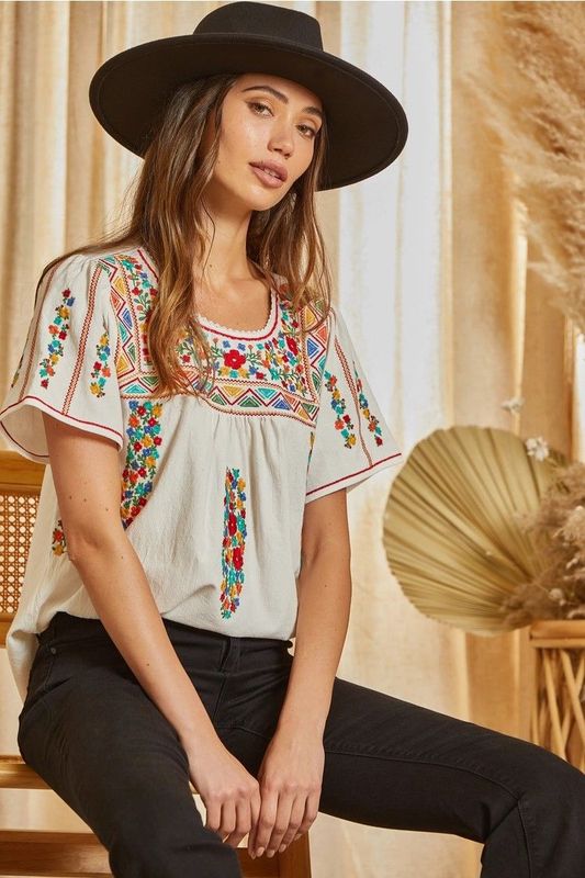 Ivory Boho Top with Extravagant Embroidery Detail
