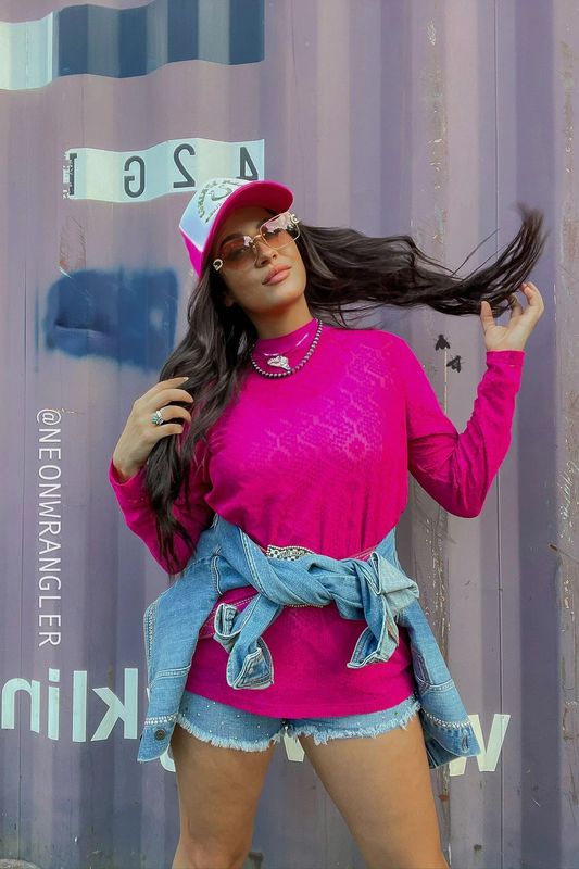 Hot Pink Mesh Pullover Top with Raised Aztec Design - 2 pcs, pink cami included