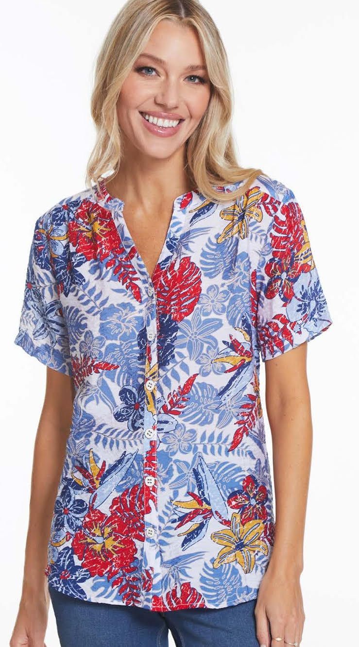 Red, White & Blue Floral Blouse, Front Button Opening
