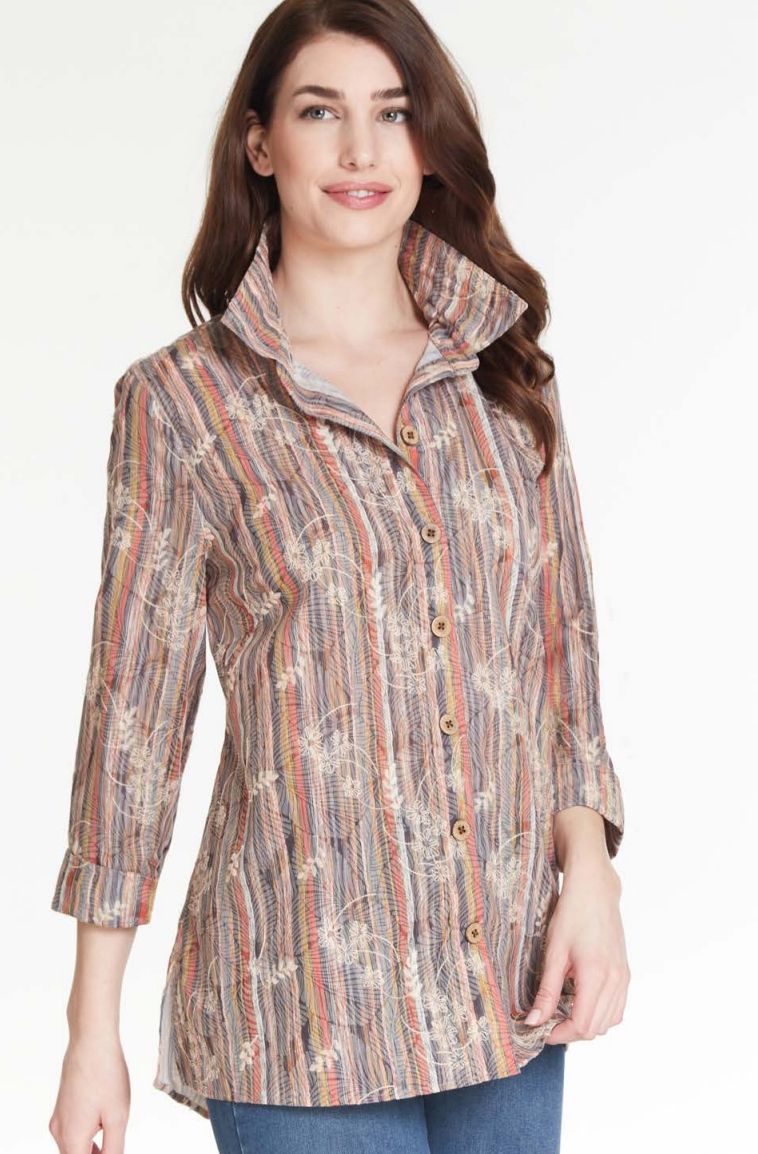 Stripe Top with Wood Buttons at Hem and Sleeve