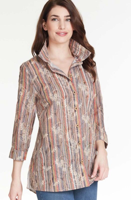 Stripe Top with Wood Buttons at Hem and Sleeve
