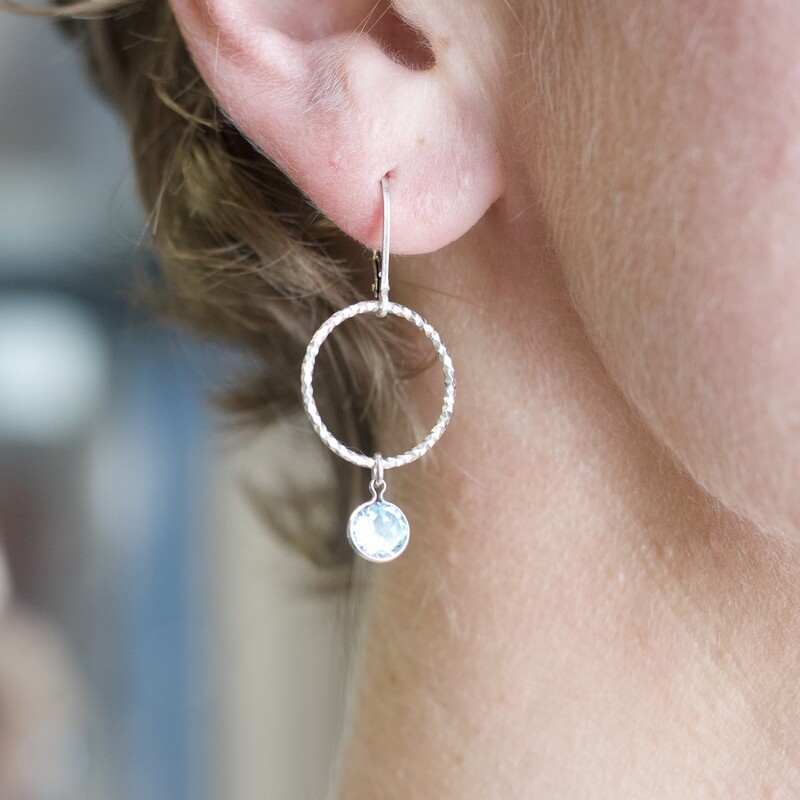 Cathy Heinz Designs Leverback Earrings - Silver Textured Hoop w/ Blue Topaz