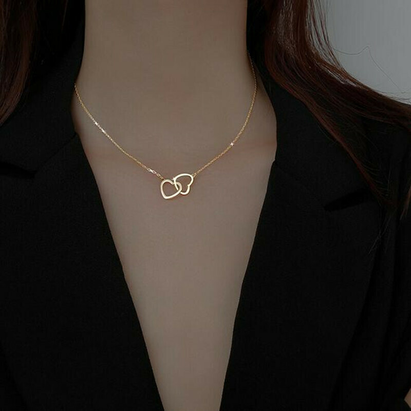925 Sterling Silver Shiny double Heart love Zircon Circle Necklaces Pendants Gift For Girl Choker collar gift
