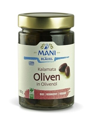 MANI Оливки темные Каламата в оливковом масле Extra Virgin, organic, банка 280г
