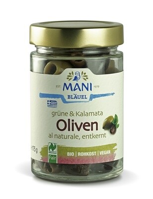 Оливки Каламата & зеленые оливки al naturale, без косточки, MANI, банка 175 г