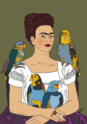 Frida Kahlo Med Fugler Grønn