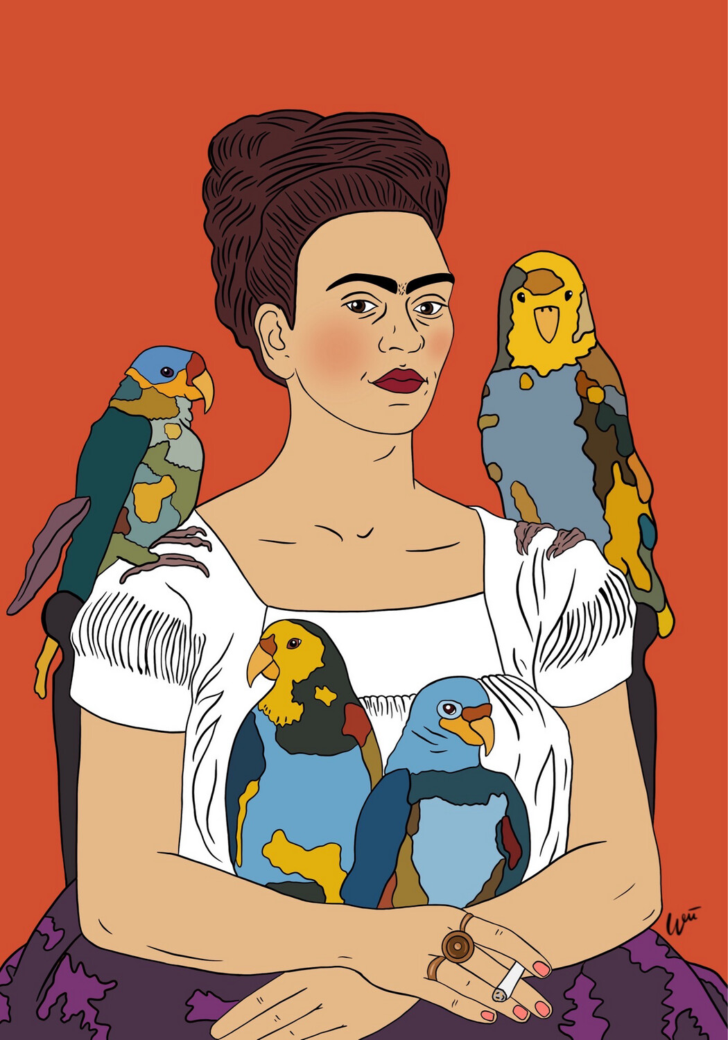 Frida Kahlo Med Fugler Rød