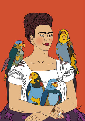 Frida Kahlo Med Fugler Rød
