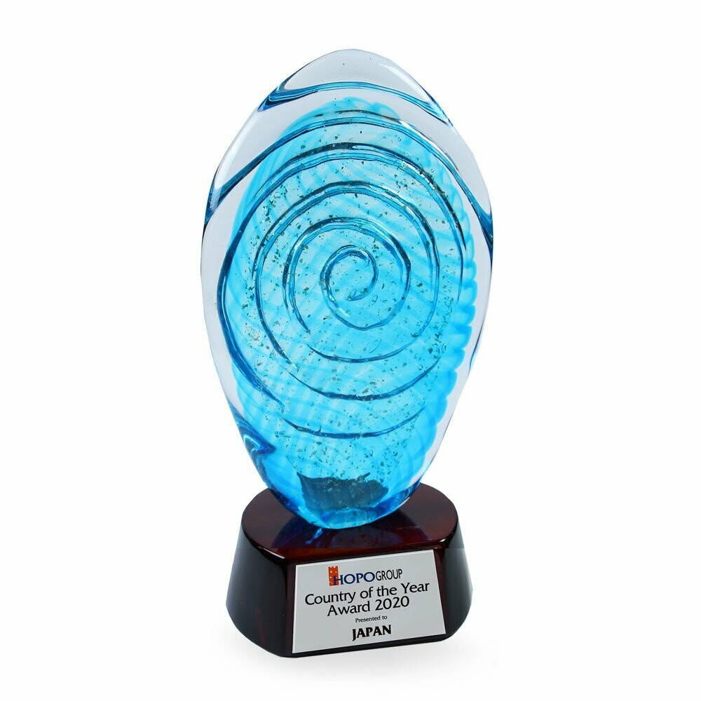 Vortex Aqua Colored Glass Award on Piano Wood Base