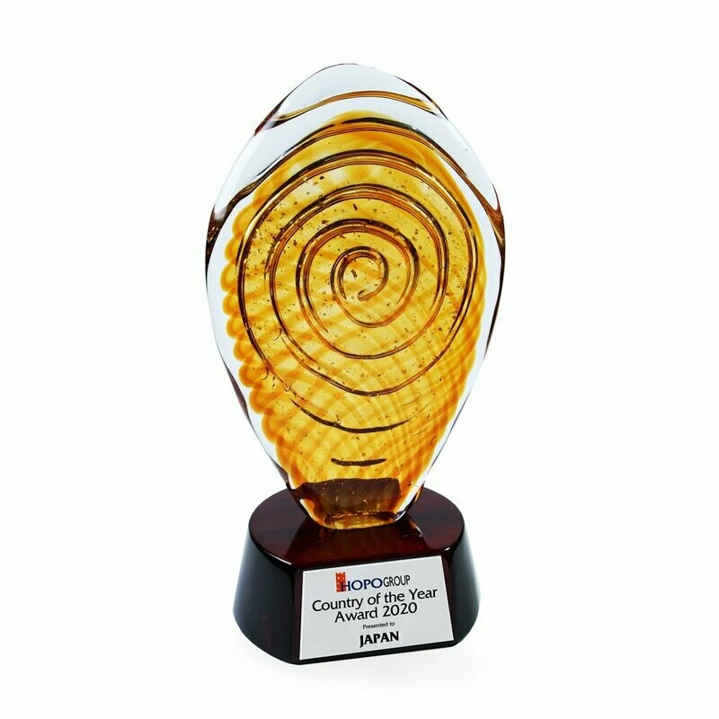 Vortex Amber Colored Glass Award on Piano Wood Base