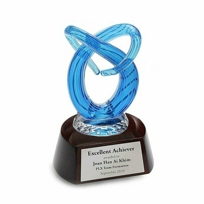 Opulent Blue Colored Glass Award with Piano Wood Base