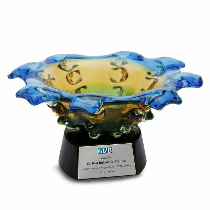 Gracious Bowl Colored Glass Award with Round Piano Wood Base