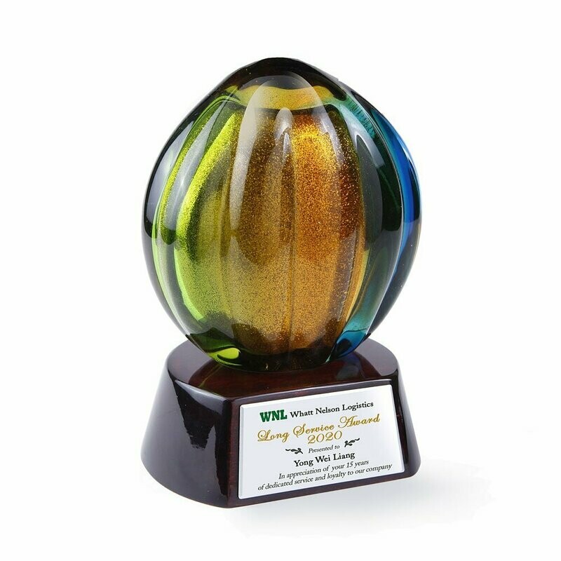 LuxPod Colored Glass Award on Round Piano Wood Base