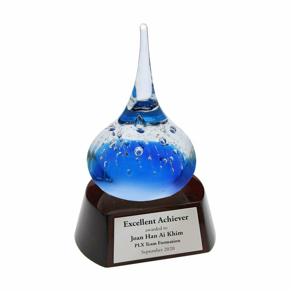 Blue Droplet Colored Glass Award with Round Piano Wood Base