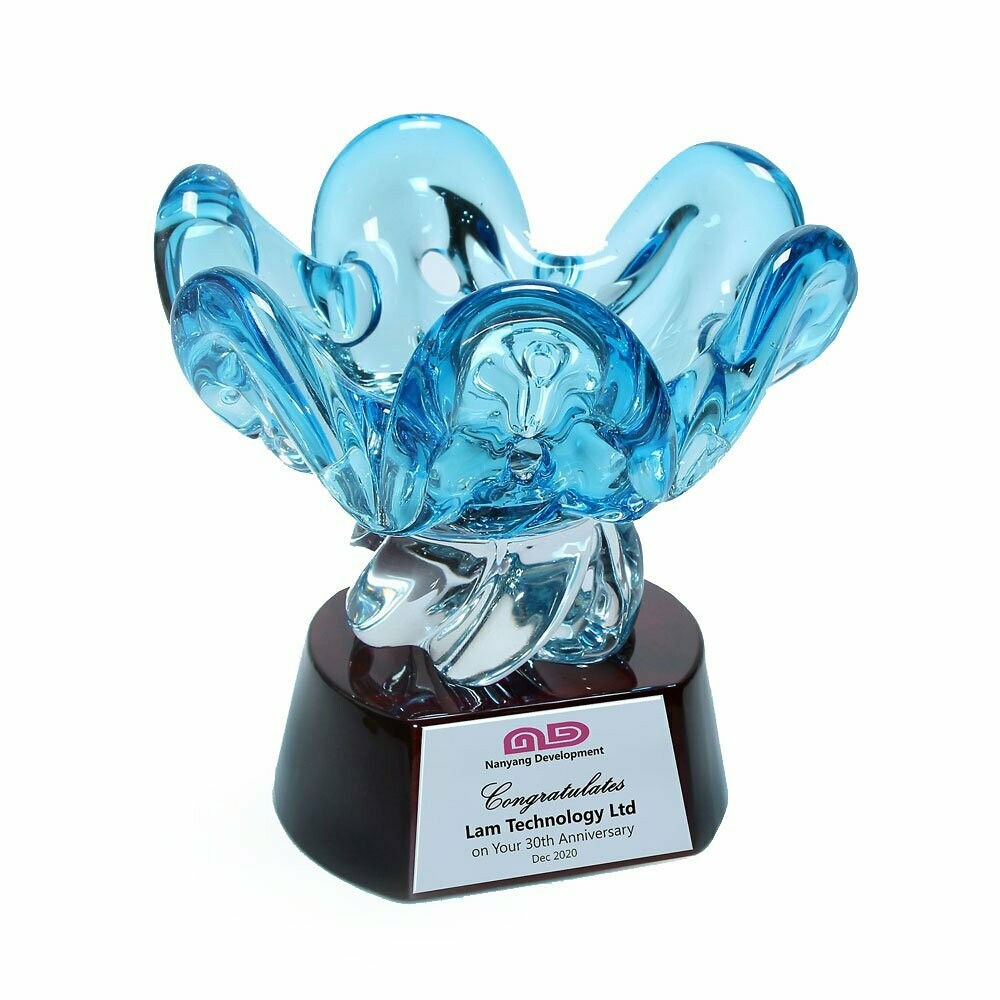 Blue Dew Colored Glass Award on Round Piano Wood Base